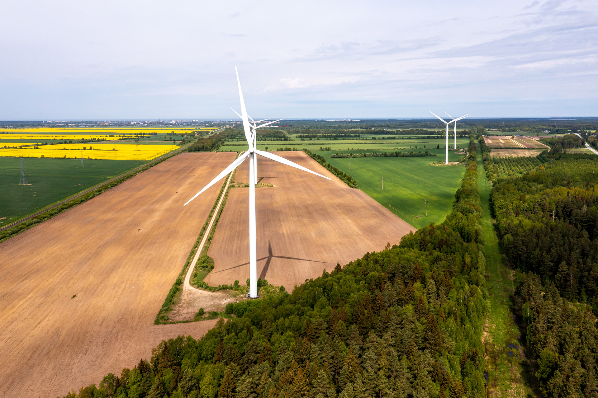 aerial view of wind turbines farm, sustainable and clean electri